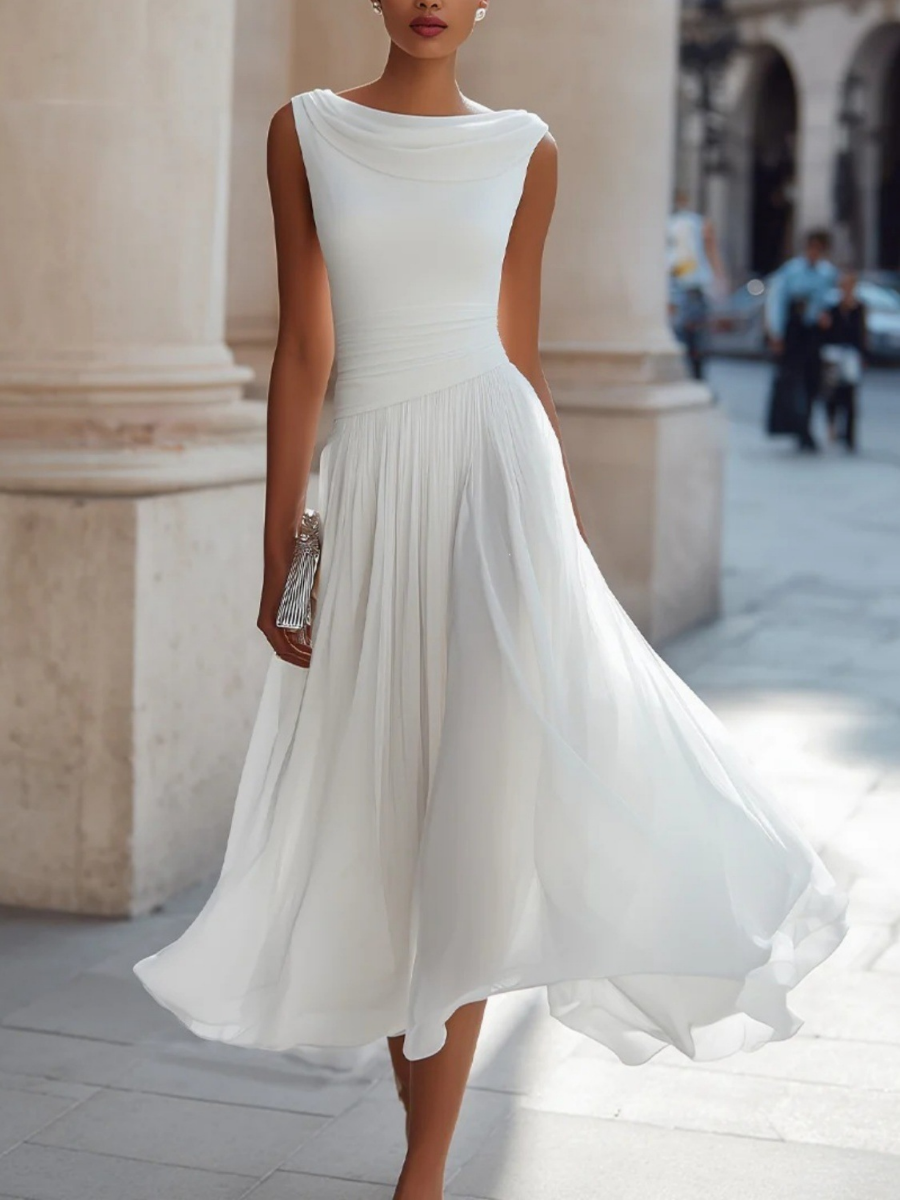 Classic Draped Neck Chiffon Midi Dress