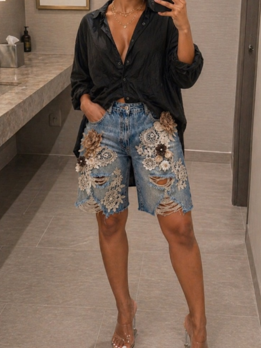 3D Flower Denim Shorts In Stock
