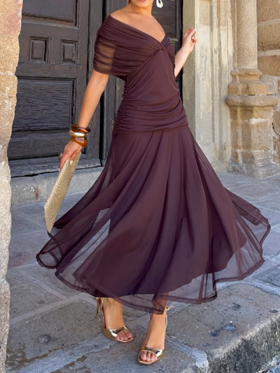 Classic V-Neck Waisted Mesh Holiday Maxi Dress
