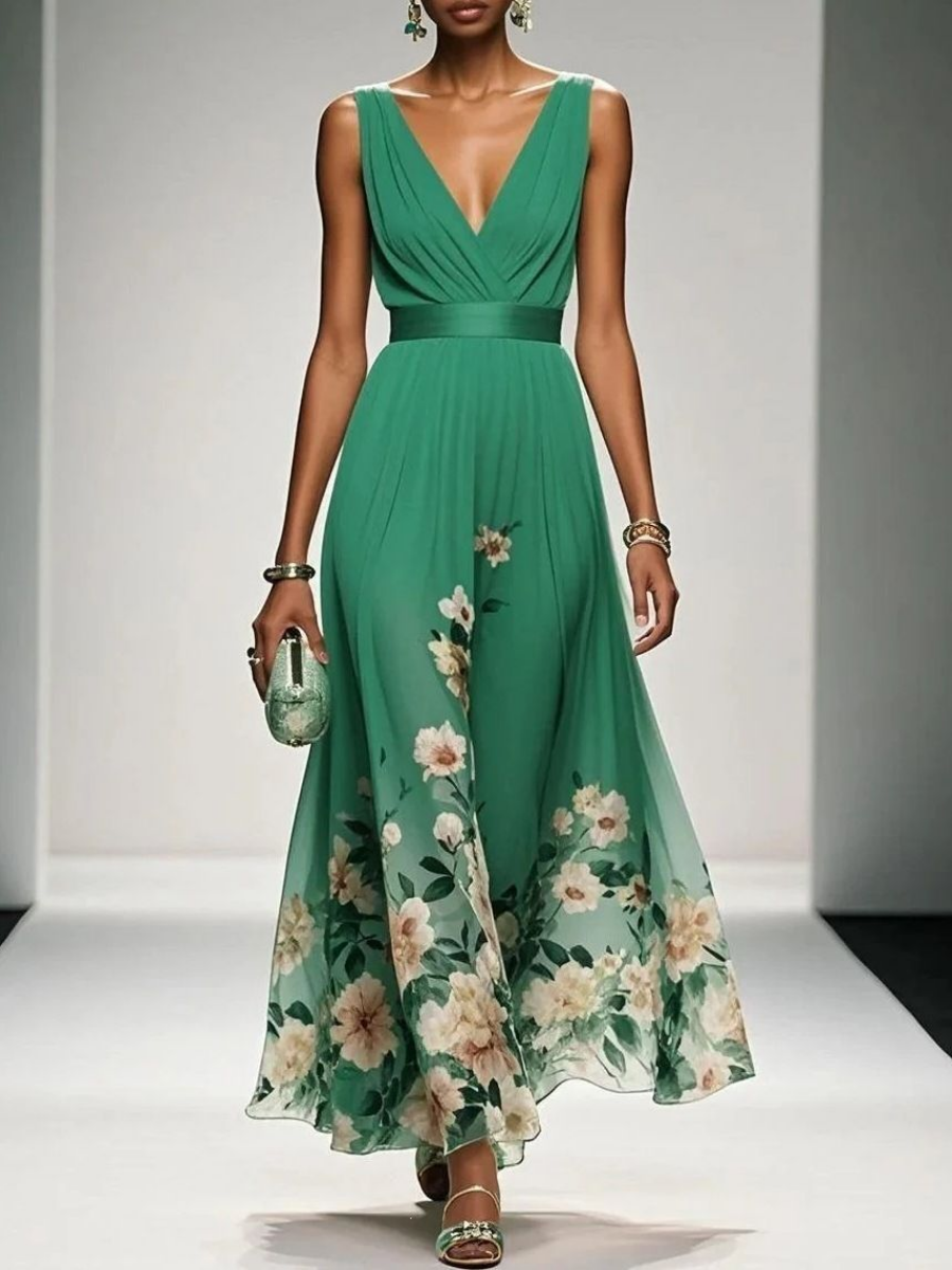 V-neckline Chiffon Printed Dress