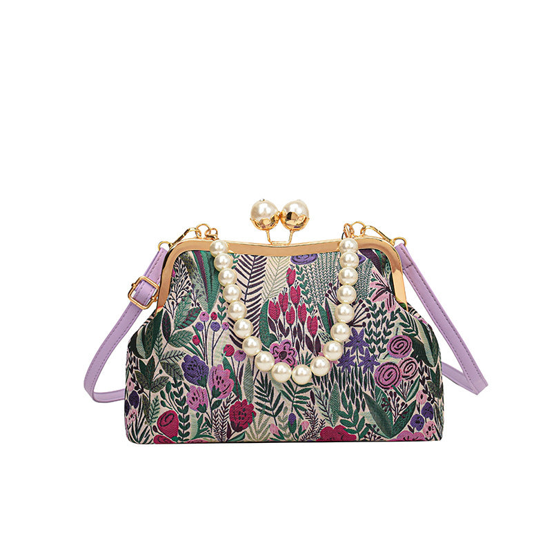 Embroidered Retro Pearl Chain Crossbody Bag