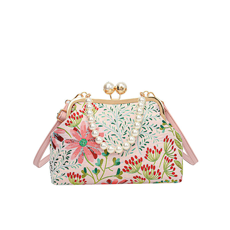 Embroidered Retro Pearl Chain Crossbody Bag