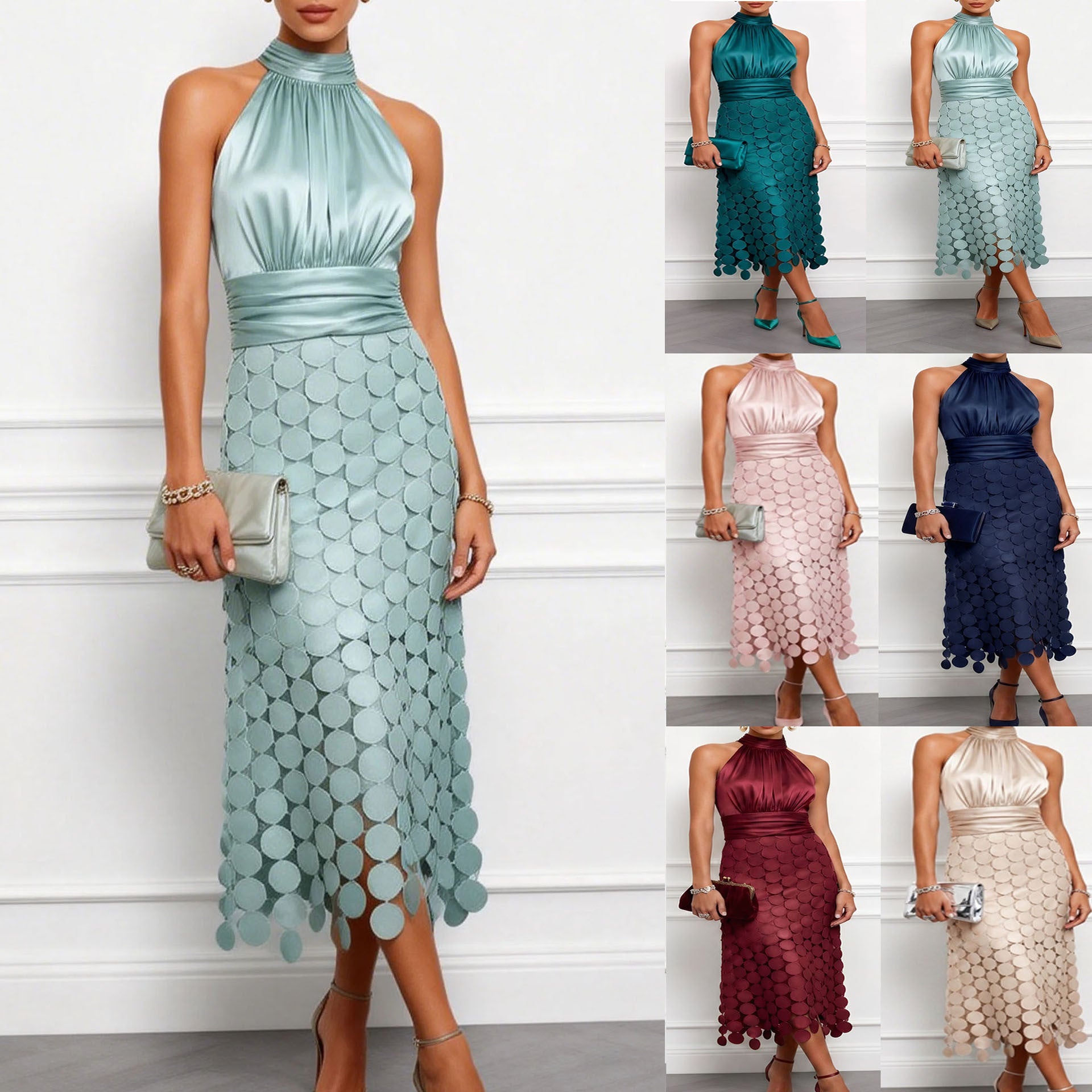 Satin Halter Neck Ruched Sleeveless Dress