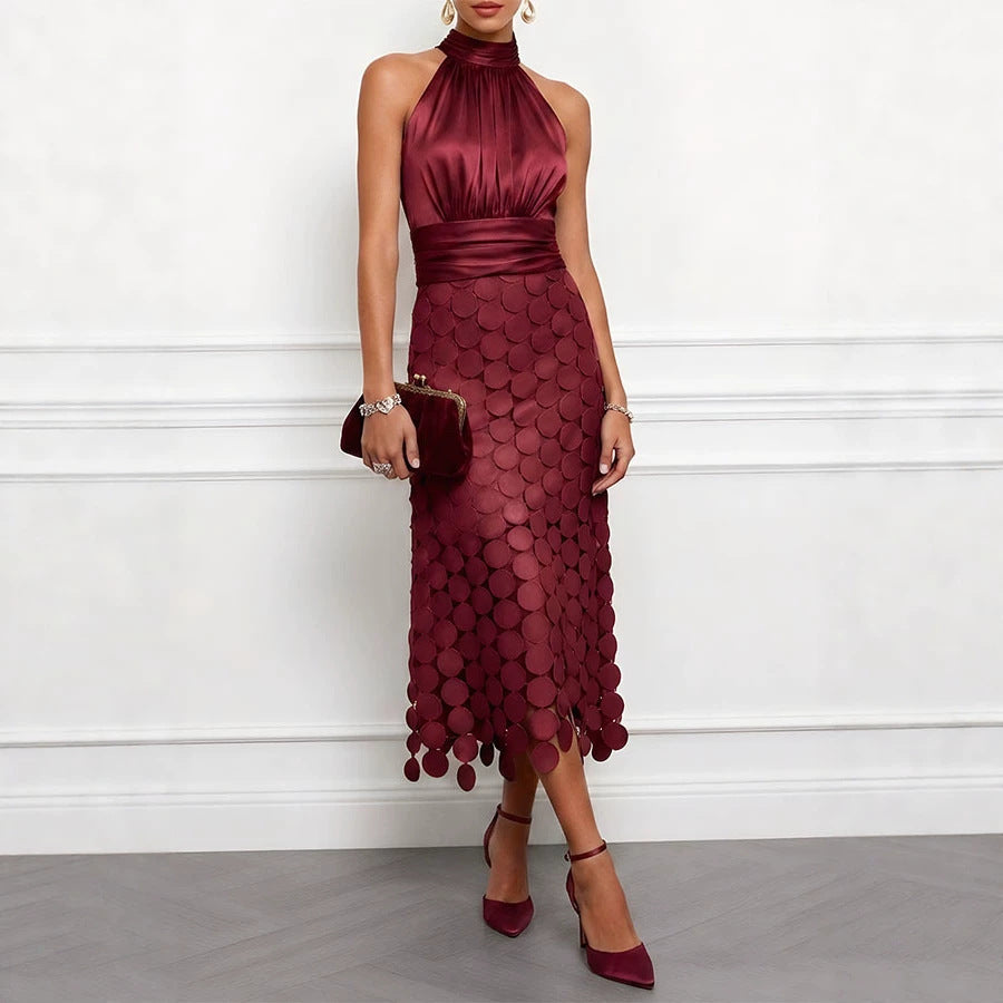 Satin Halter Neck Ruched Sleeveless Dress