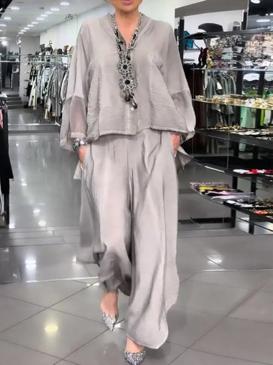 V-neck Sheer Batwing Sleeve Set