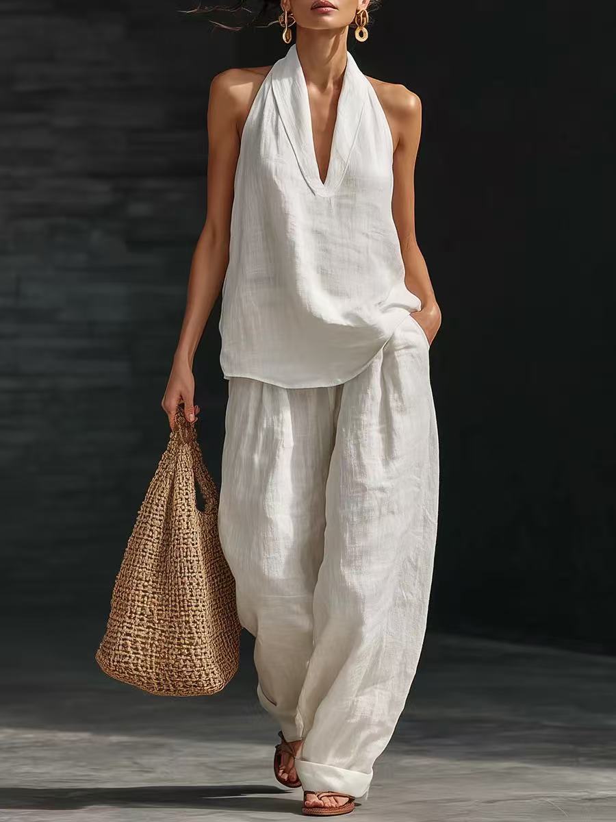 Linen V-neck Tank Top Pants Set