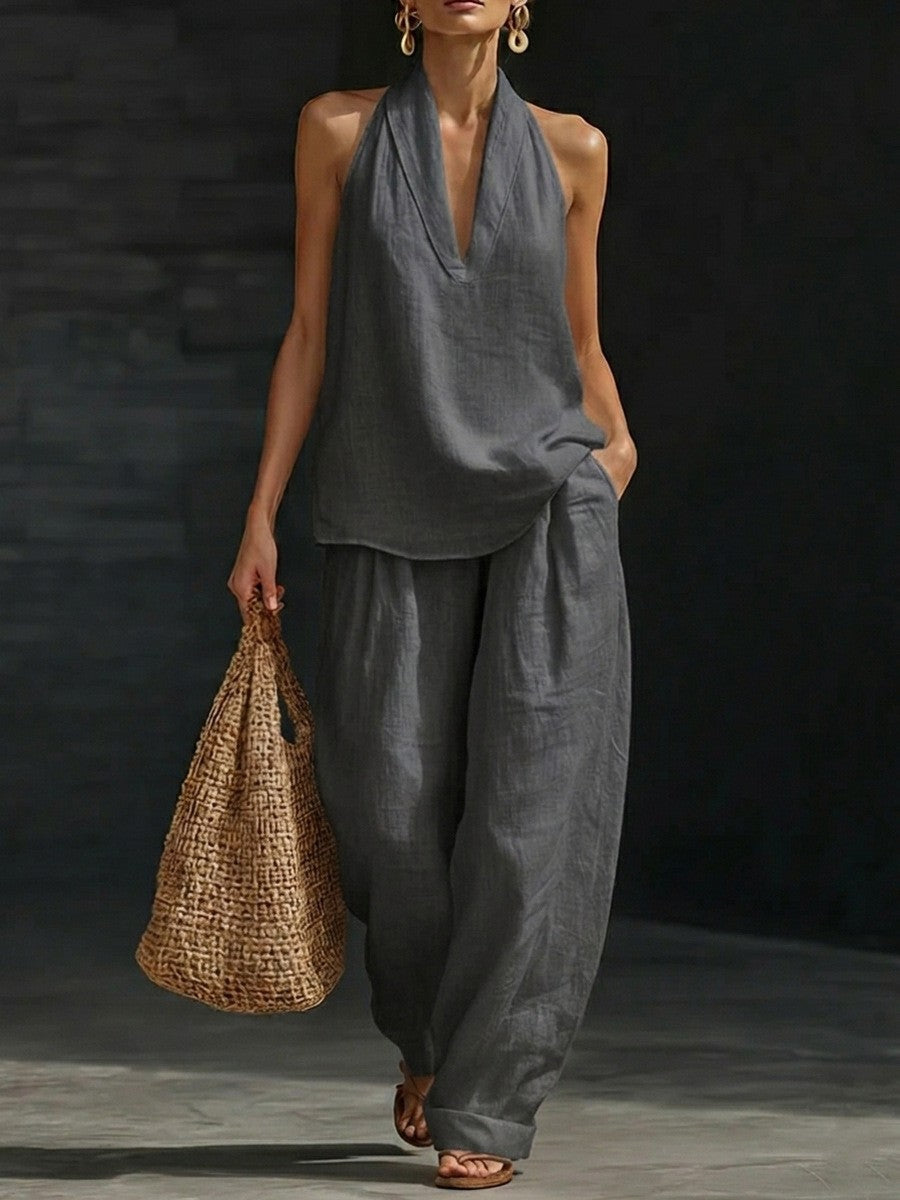 Linen V-neck Tank Top Pants Set