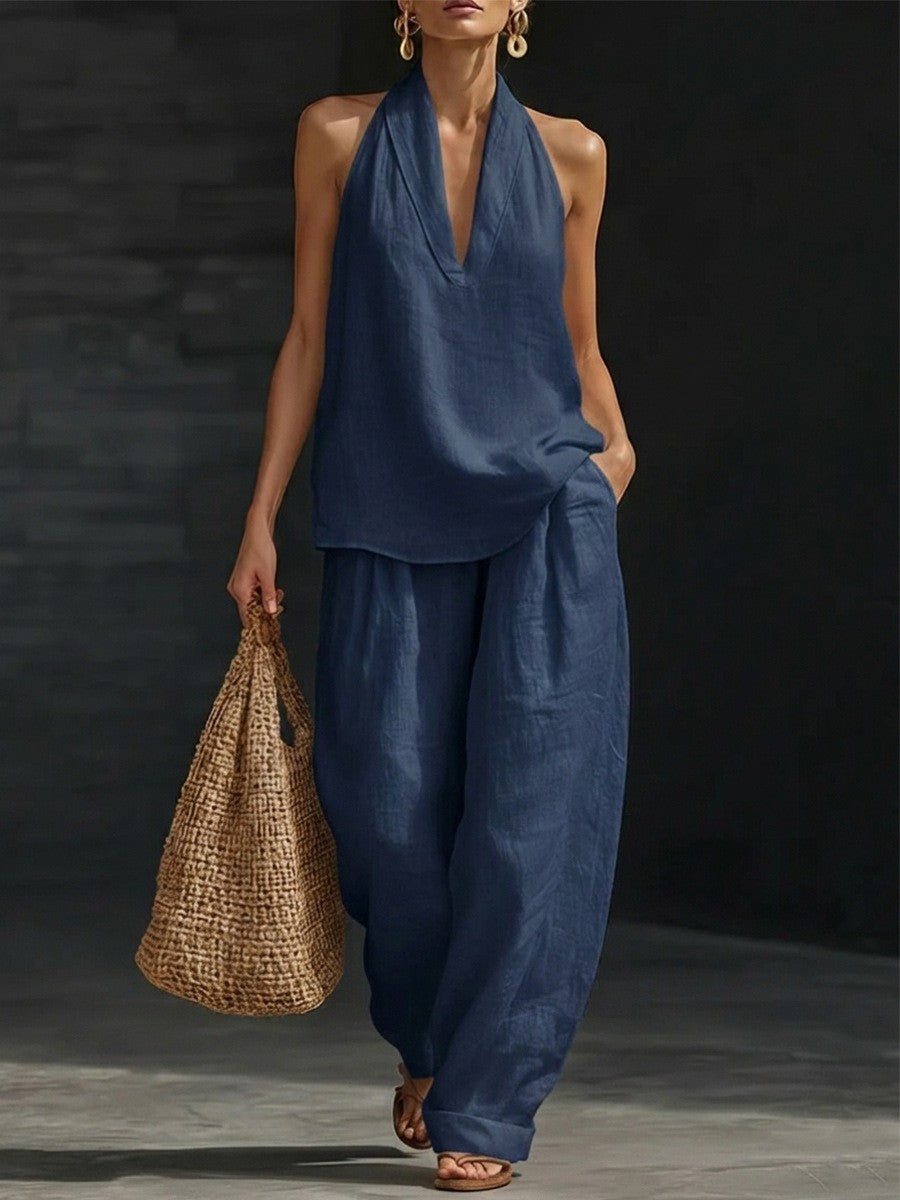 Linen V-neck Tank Top Pants Set
