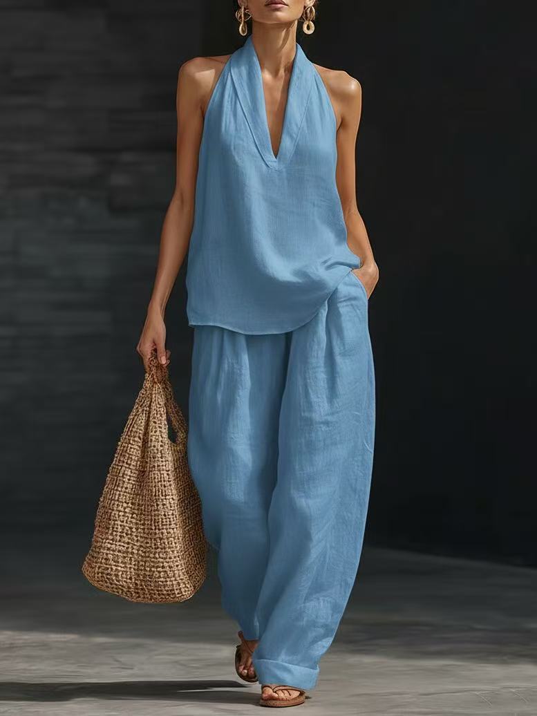 Linen V-neck Tank Top Pants Set