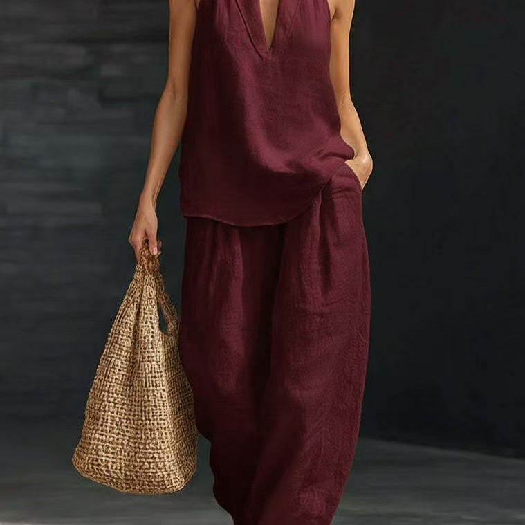 Linen V-neck Tank Top Pants Set