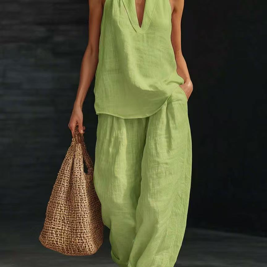 Linen V-neck Tank Top Pants Set
