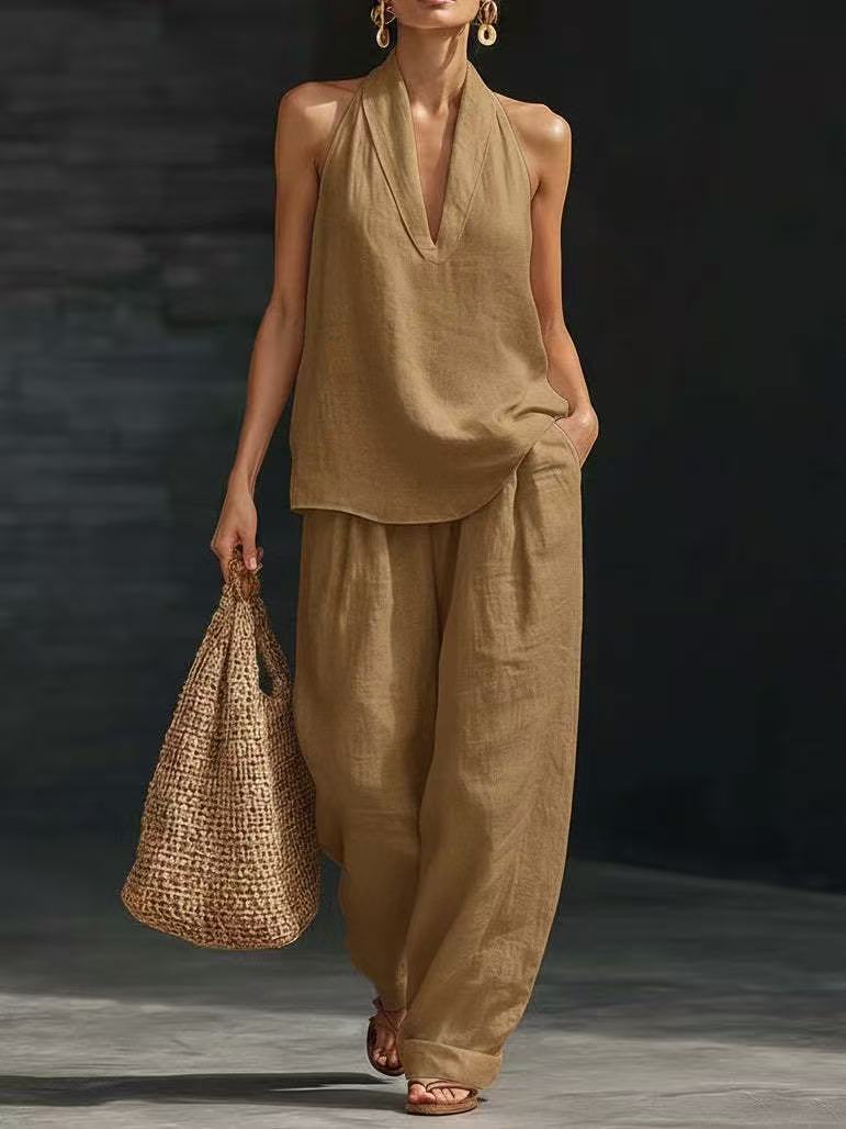 Linen V-neck Tank Top Pants Set