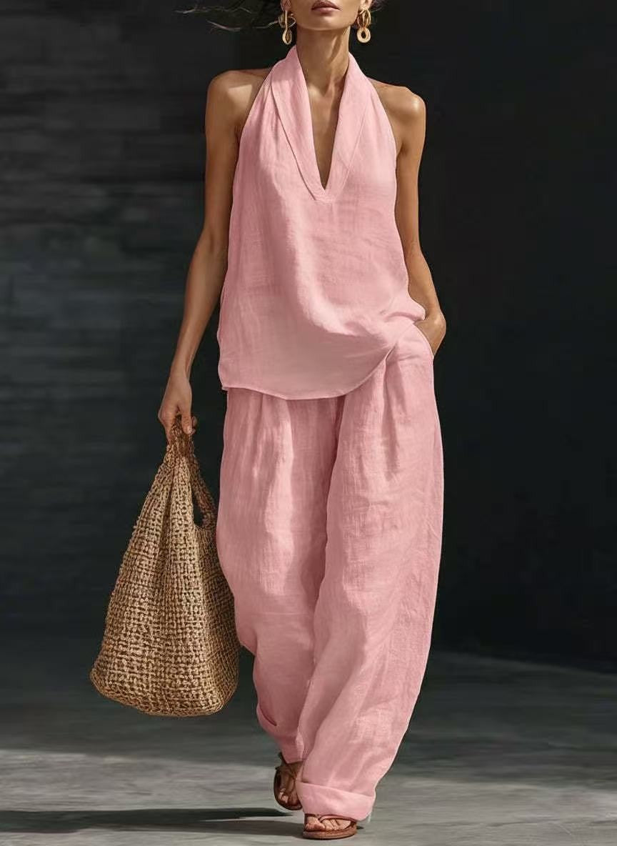 Linen V-neck Tank Top Pants Set