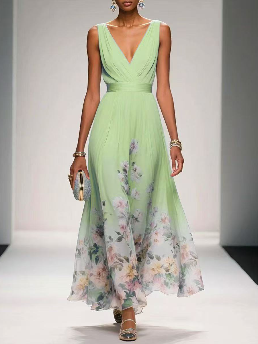 V-neckline Chiffon Printed Dress