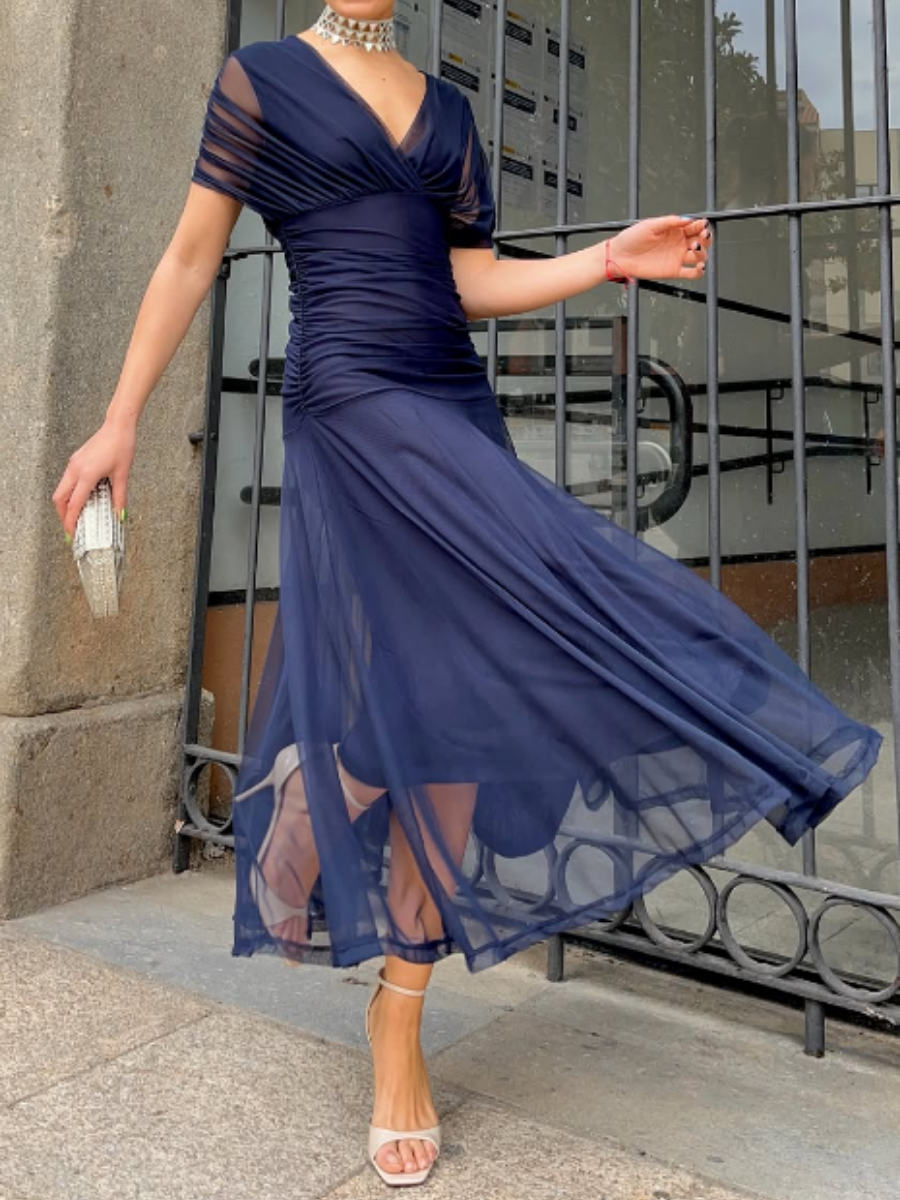 Classic V-Neck Waisted Mesh Holiday Maxi Dress