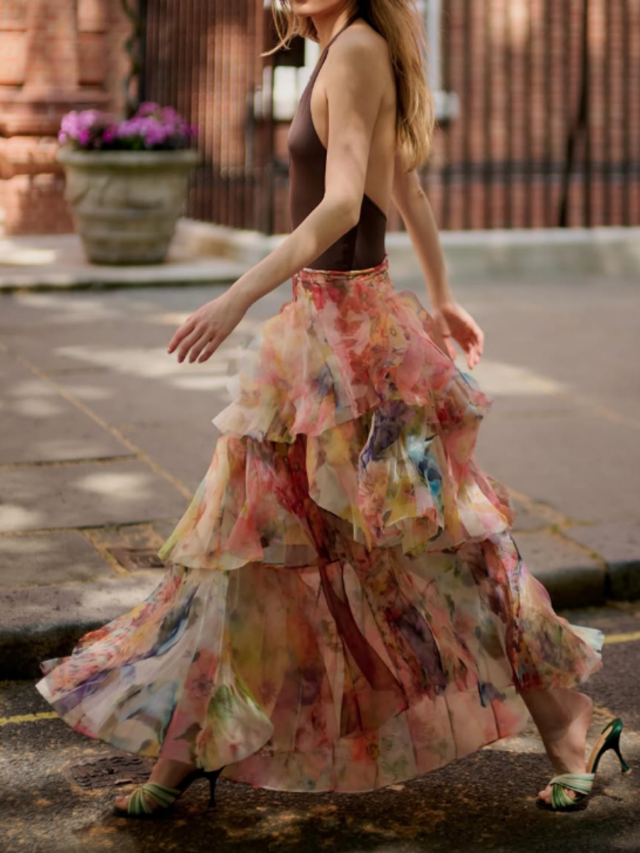 Fanned Foral Maxi Skirt
