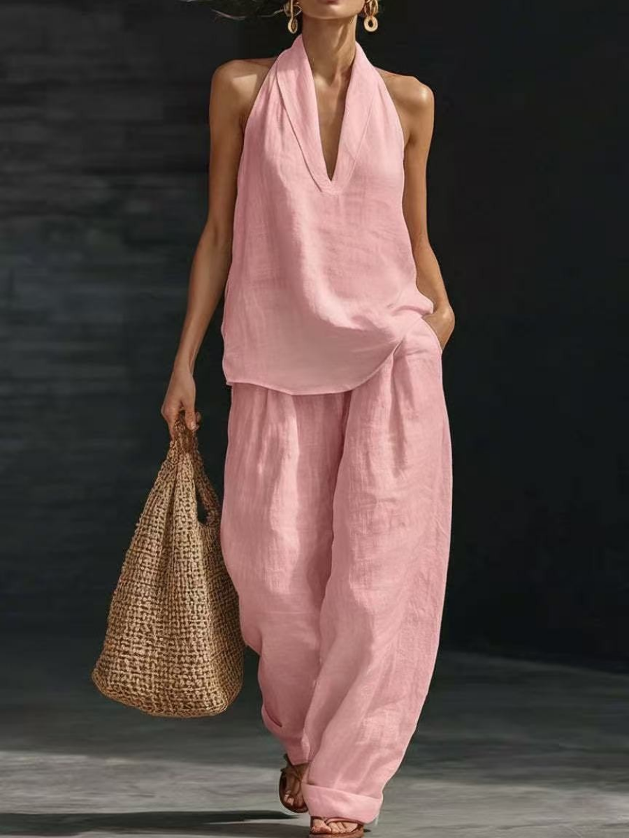 Linen V-neck Tank Top Pants Set