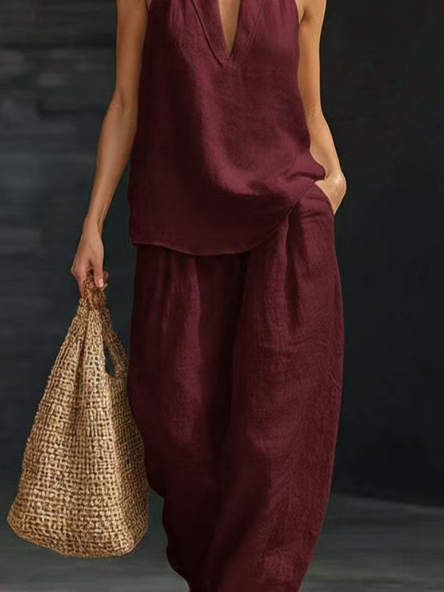 Linen V-neck Tank Top Pants Set
