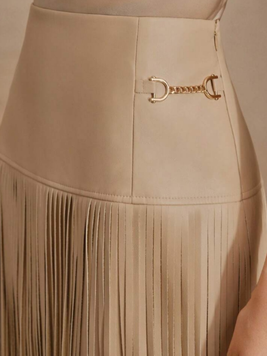 Faux Leather Tassel Midi Skirt