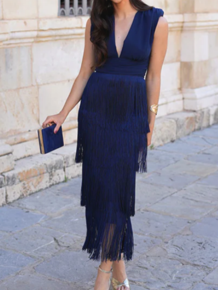 Elegant V-neck Tassel Maxi Dress