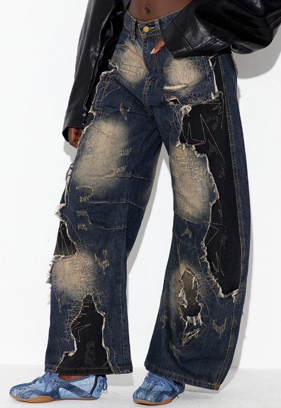 Ripped Stitching Wide-Leg Jeans
