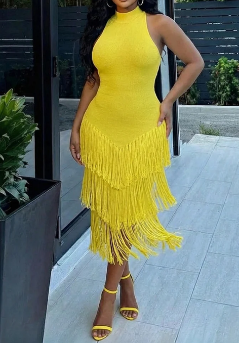 Halter Sleeveless Tassel Midi Dresses