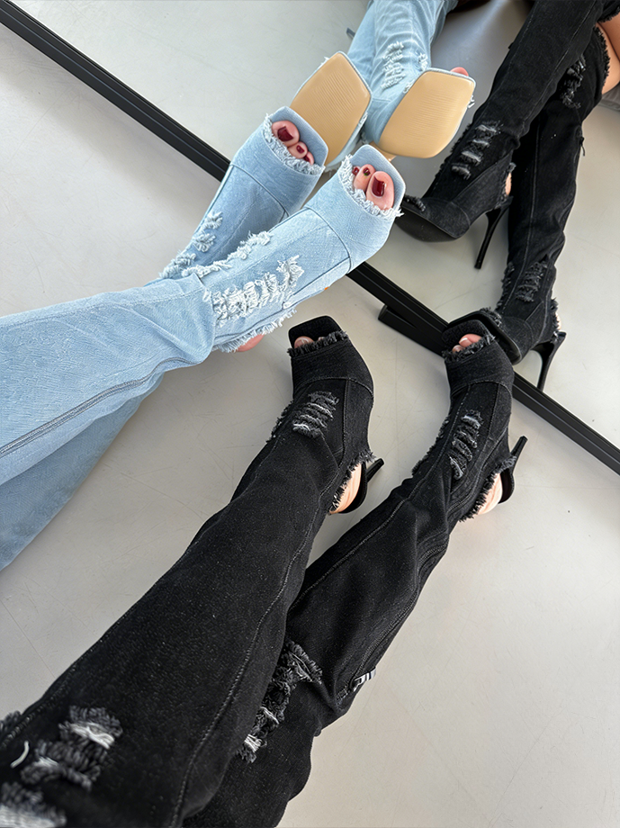 Open Toe Thigh Denim High Boots