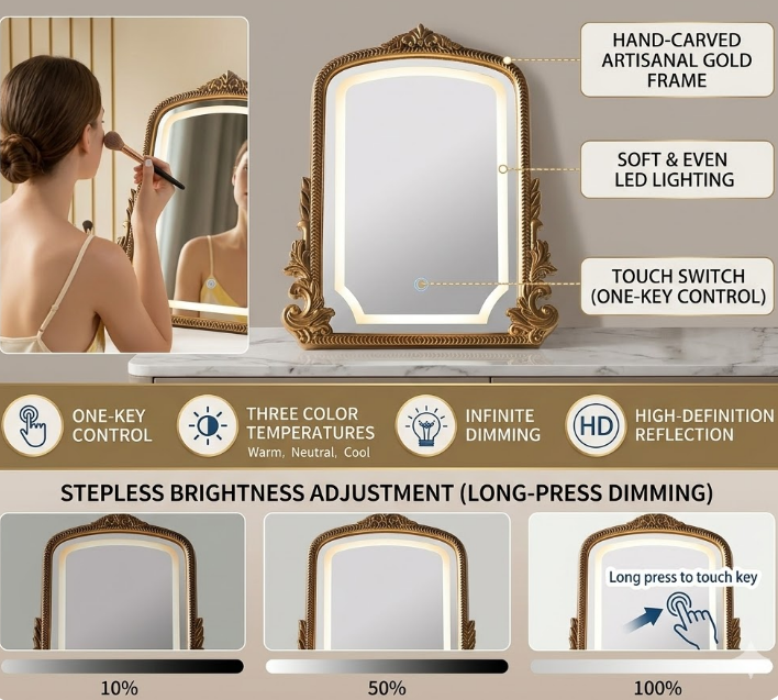 Vintage Vanity Mirror with Three-Color Lighting