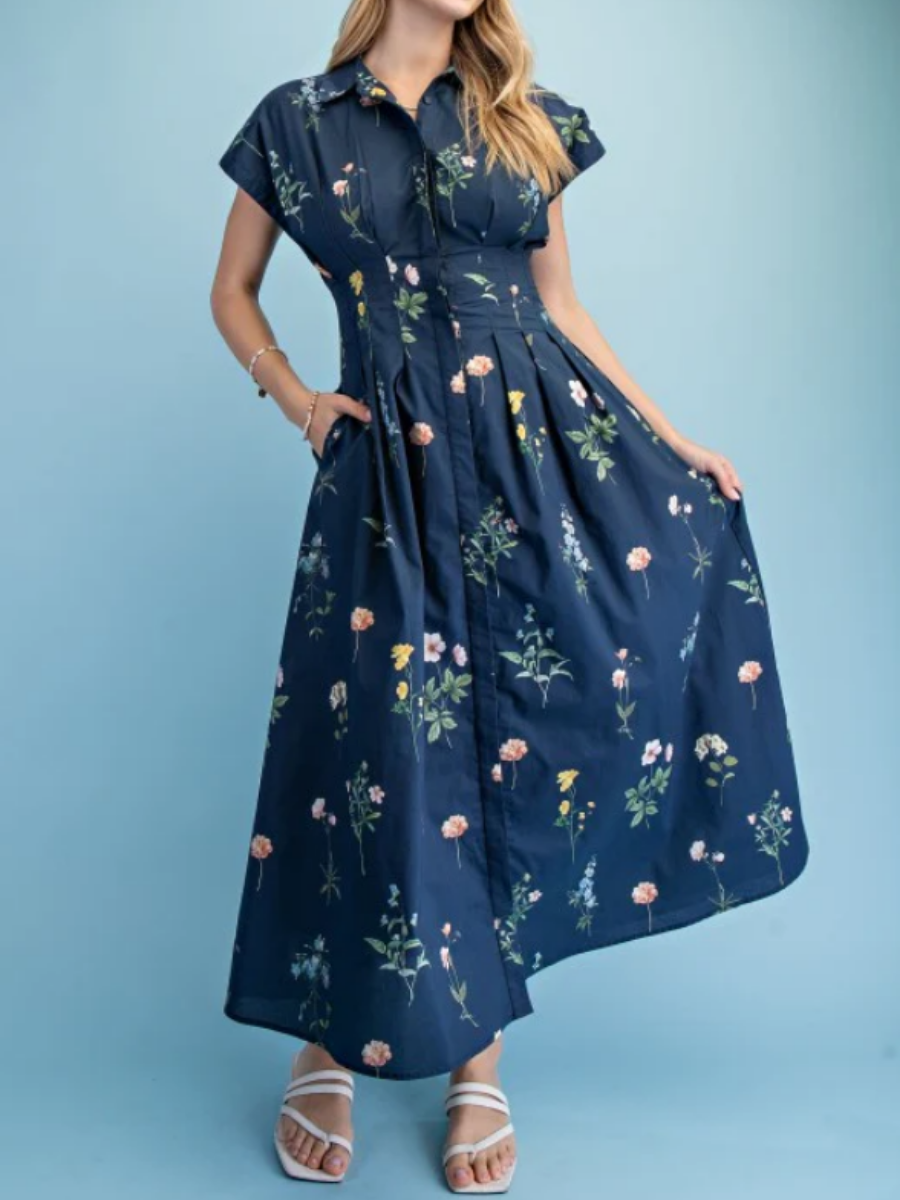 Pleated Floral Midi Dress