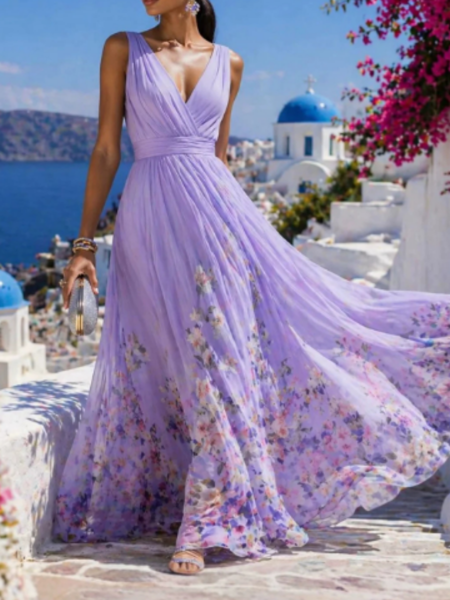 V-neckline Chiffon Printed Dress