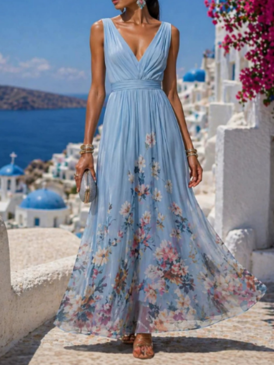V-neckline Chiffon Printed Dress