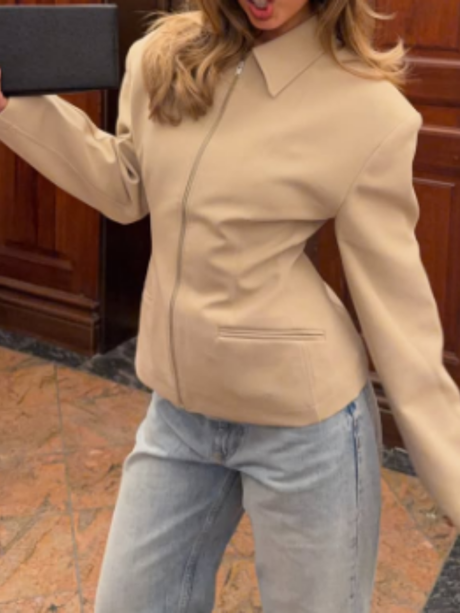 Waist-cinching Zippered Lapel Jacket
