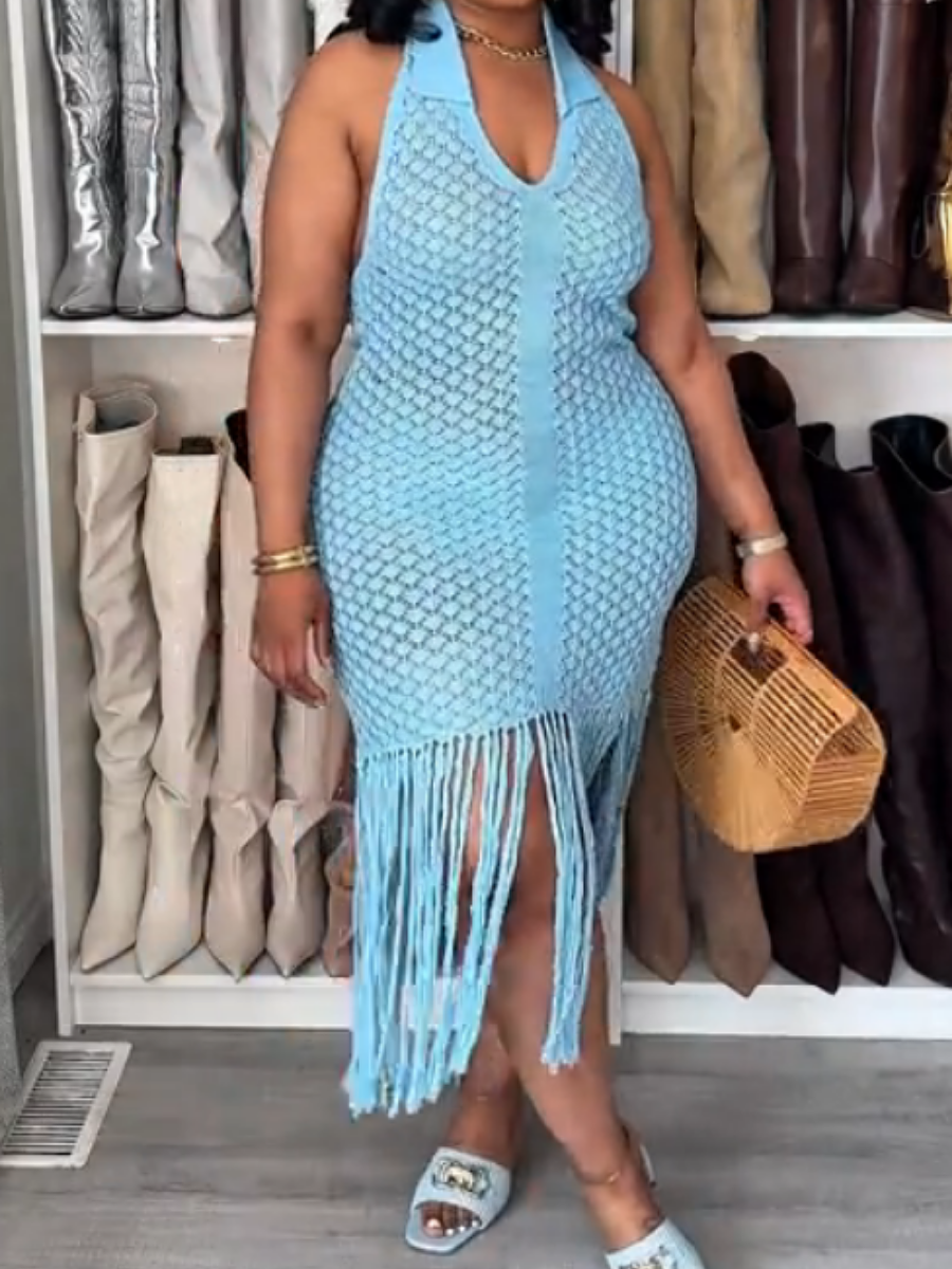 Halter Crochet tassel Sexy Backless Sleeveless Vacation Maxi Dress
