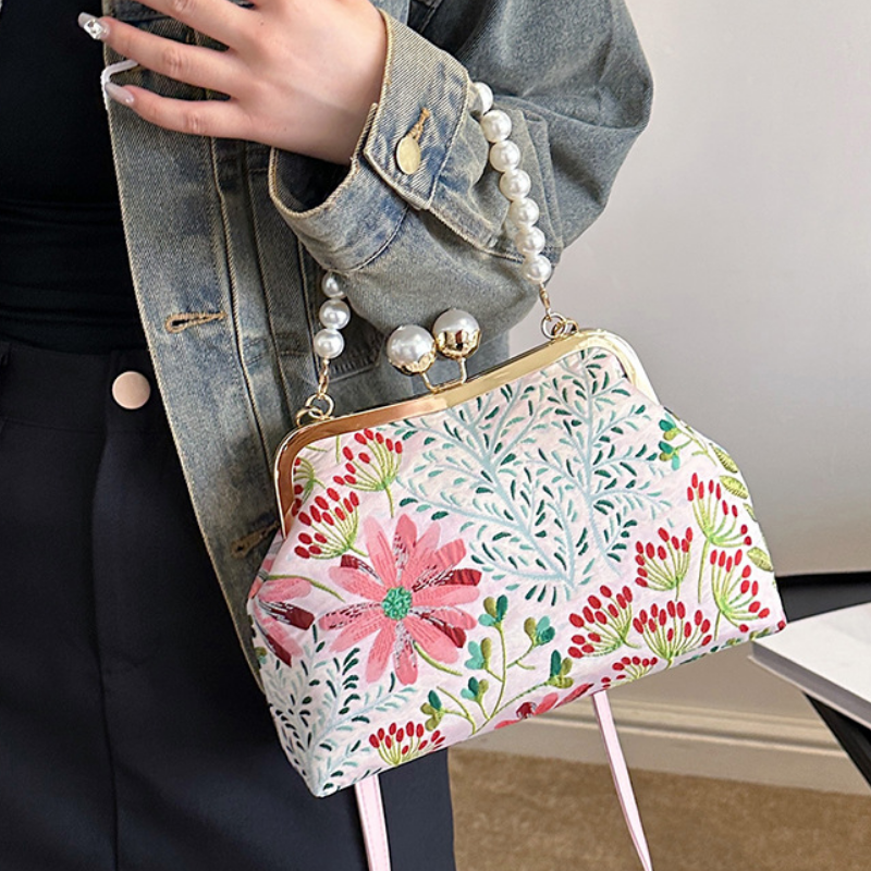 Embroidered Retro Pearl Chain Crossbody Bag