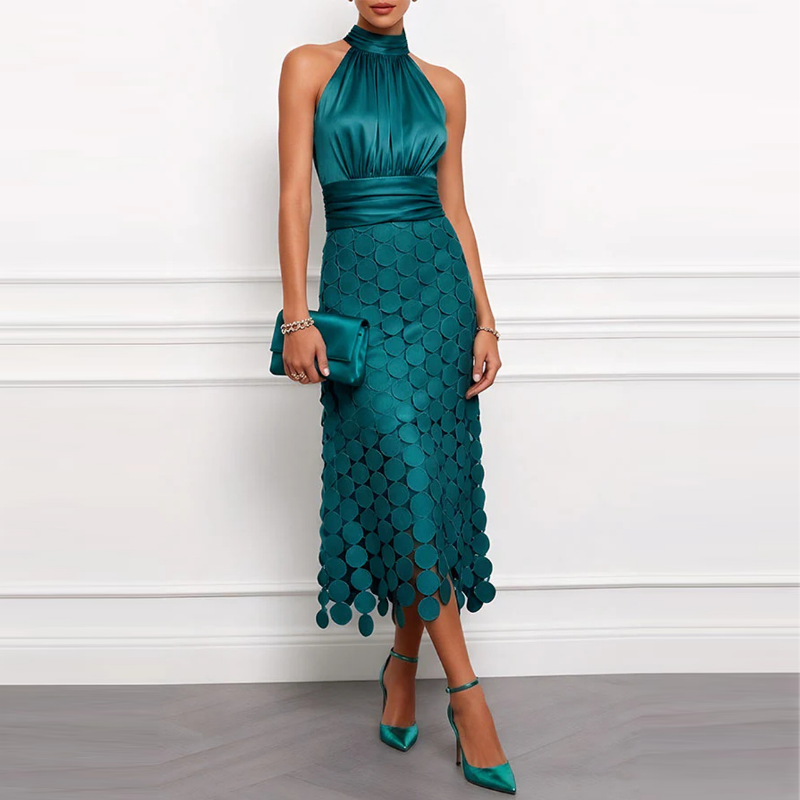 Satin Halter Neck Ruched Sleeveless Dress