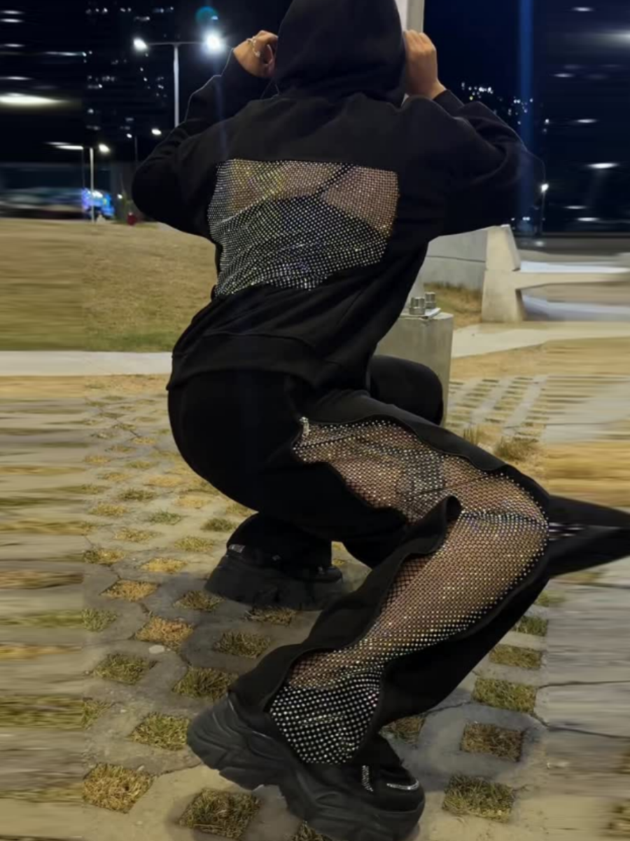 Hoodie Sweatshirt Sexy See Through Back Top Set