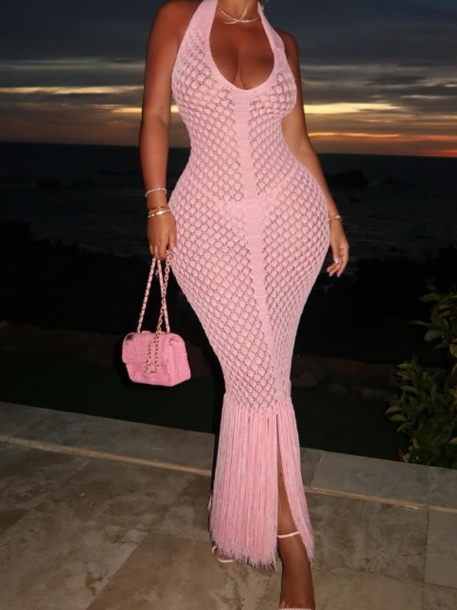 Halter Crochet tassel Sexy Backless Sleeveless Vacation Maxi Dress