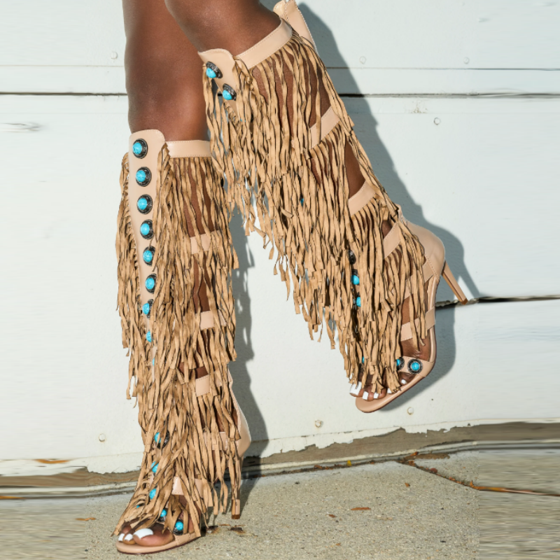 Knee High Fringe Sandals