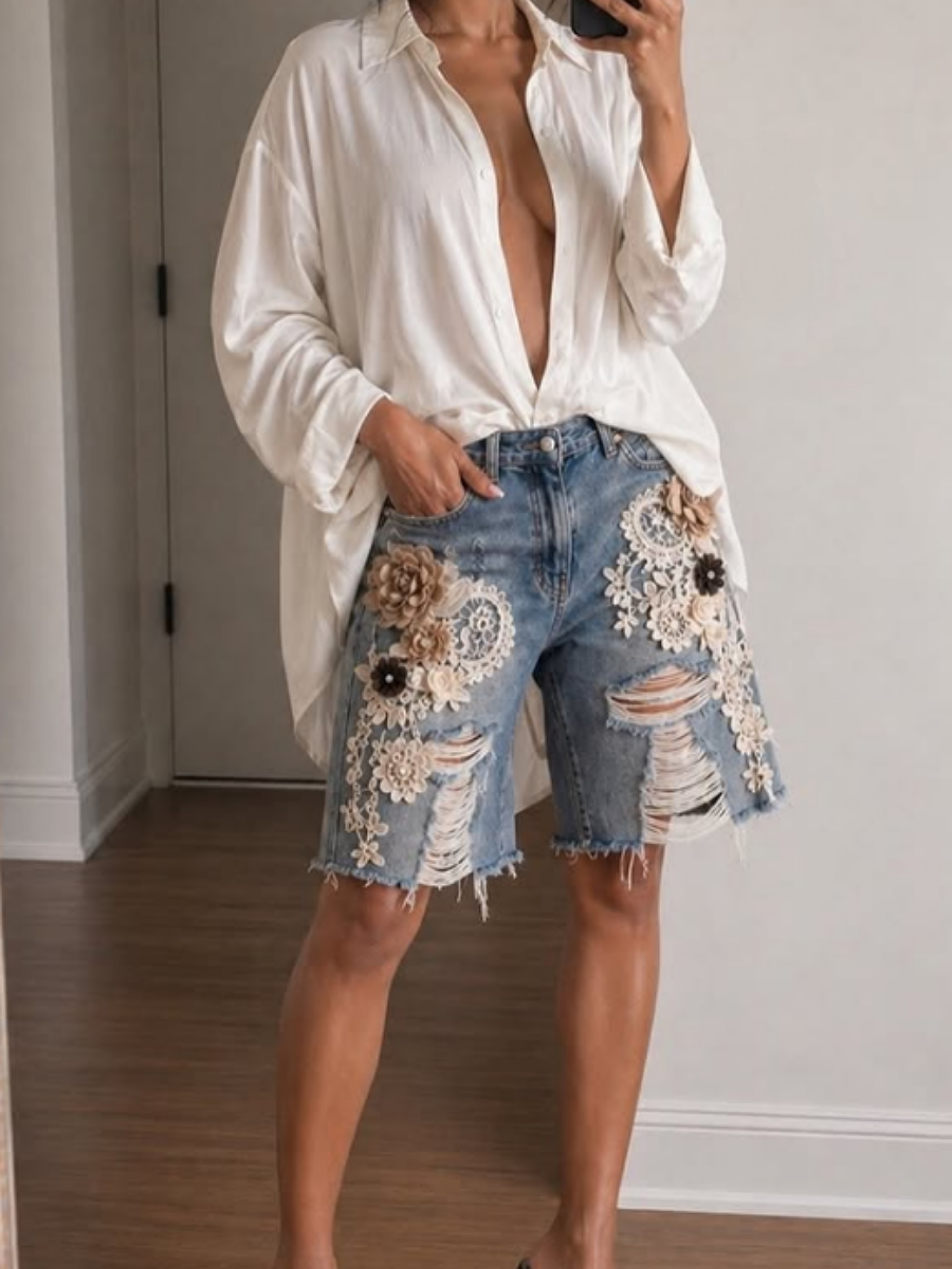 3D Flower Denim Shorts In Stock