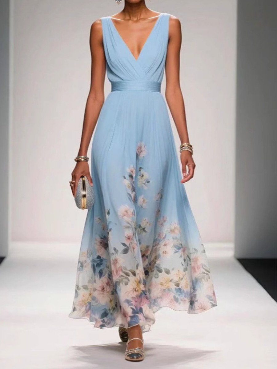 V-neckline Chiffon Printed Dress