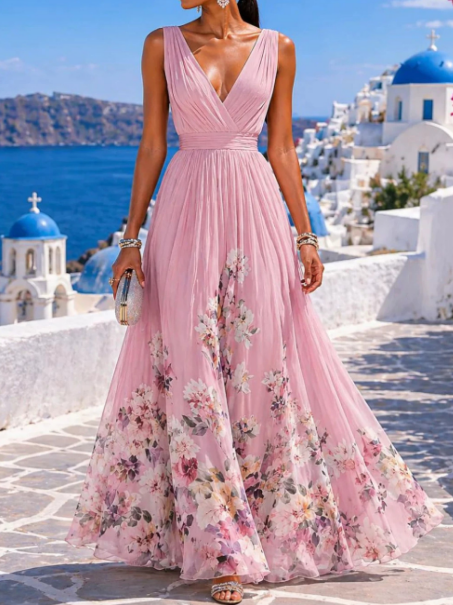 V-neckline Chiffon Printed Dress
