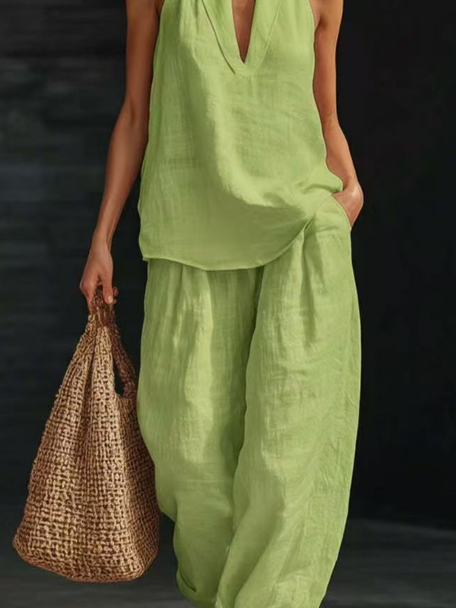 Linen V-neck Tank Top Pants Set
