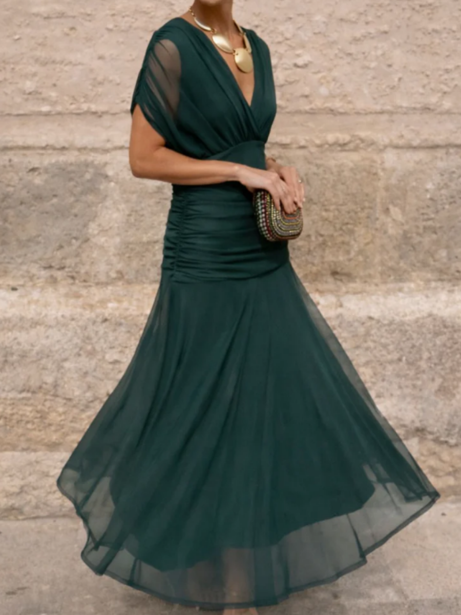 Classic V-Neck Waisted Mesh Holiday Maxi Dress