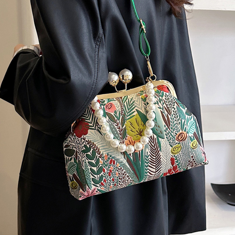 Embroidered Retro Pearl Chain Crossbody Bag