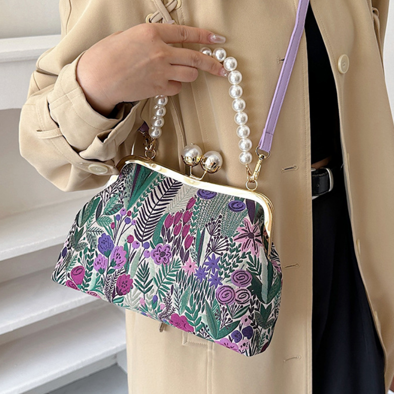 Embroidered Retro Pearl Chain Crossbody Bag