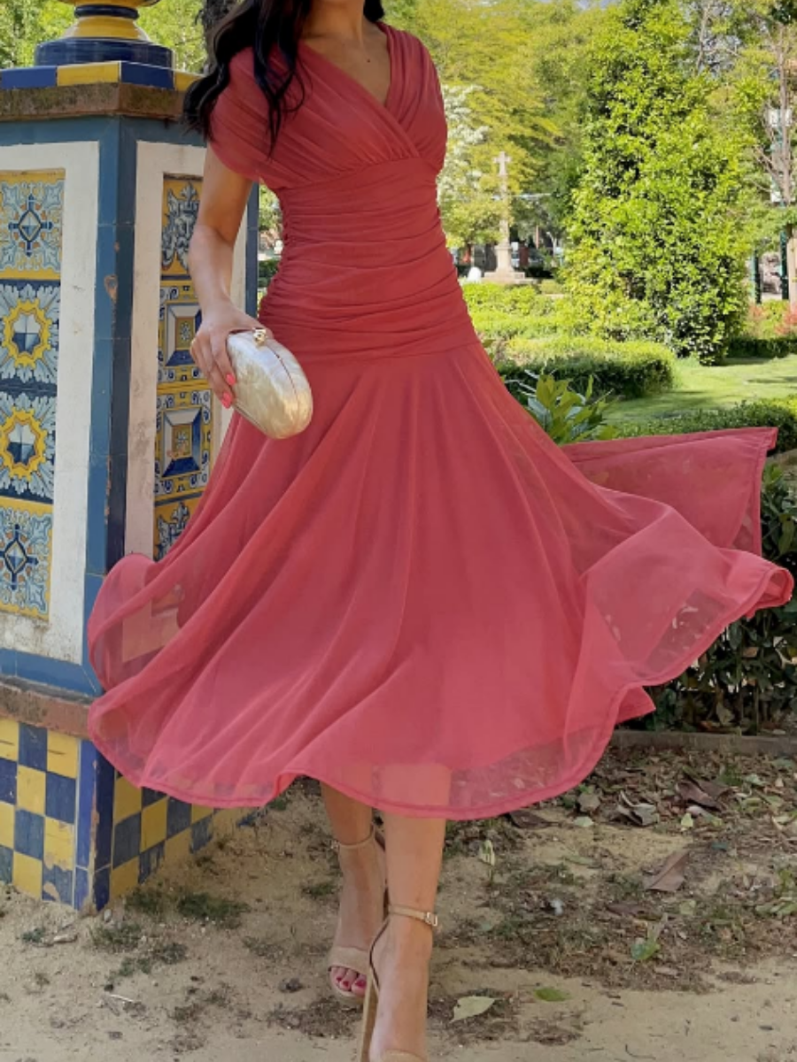 Classic V-Neck Waisted Mesh Holiday Maxi Dress
