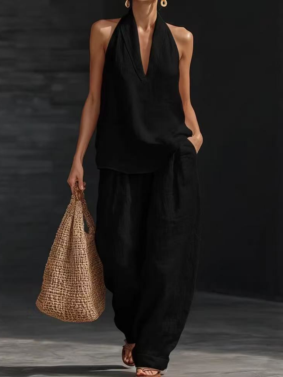 Linen V-neck Tank Top Pants Set