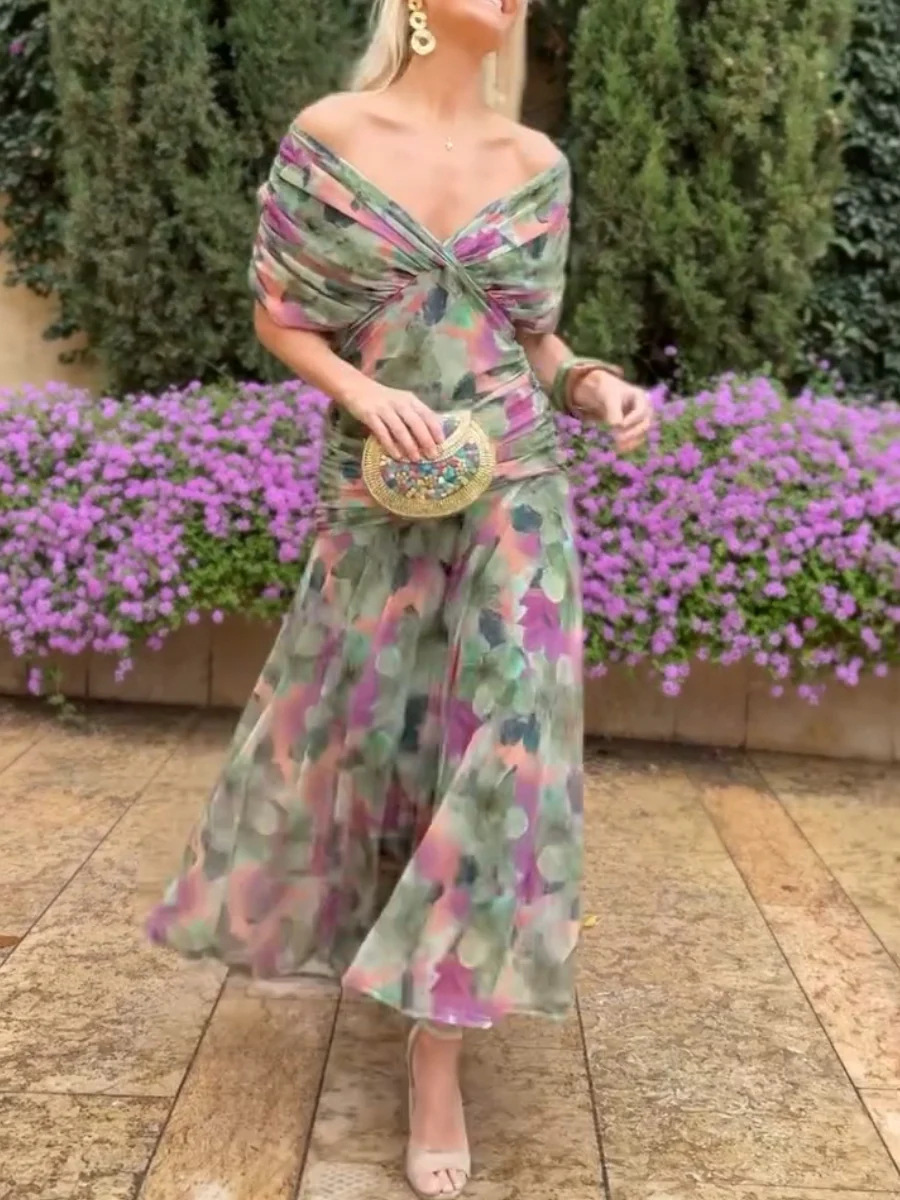 Classic V-Neck Waisted Mesh Holiday Maxi Dress