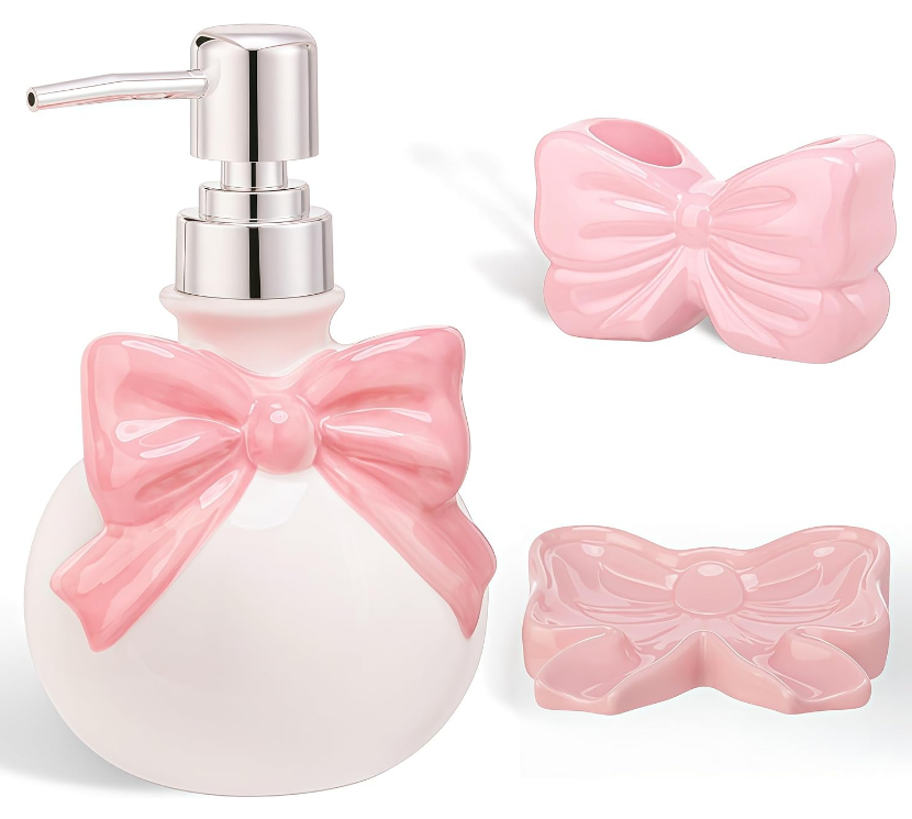 Sweet Pink Bow Ceramic Bathroom Accessories Set 3 Pcs
