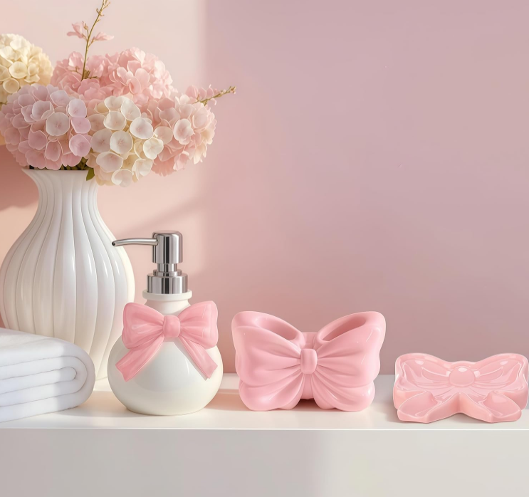 Sweet Pink Bow Ceramic Bathroom Accessories Set 3 Pcs